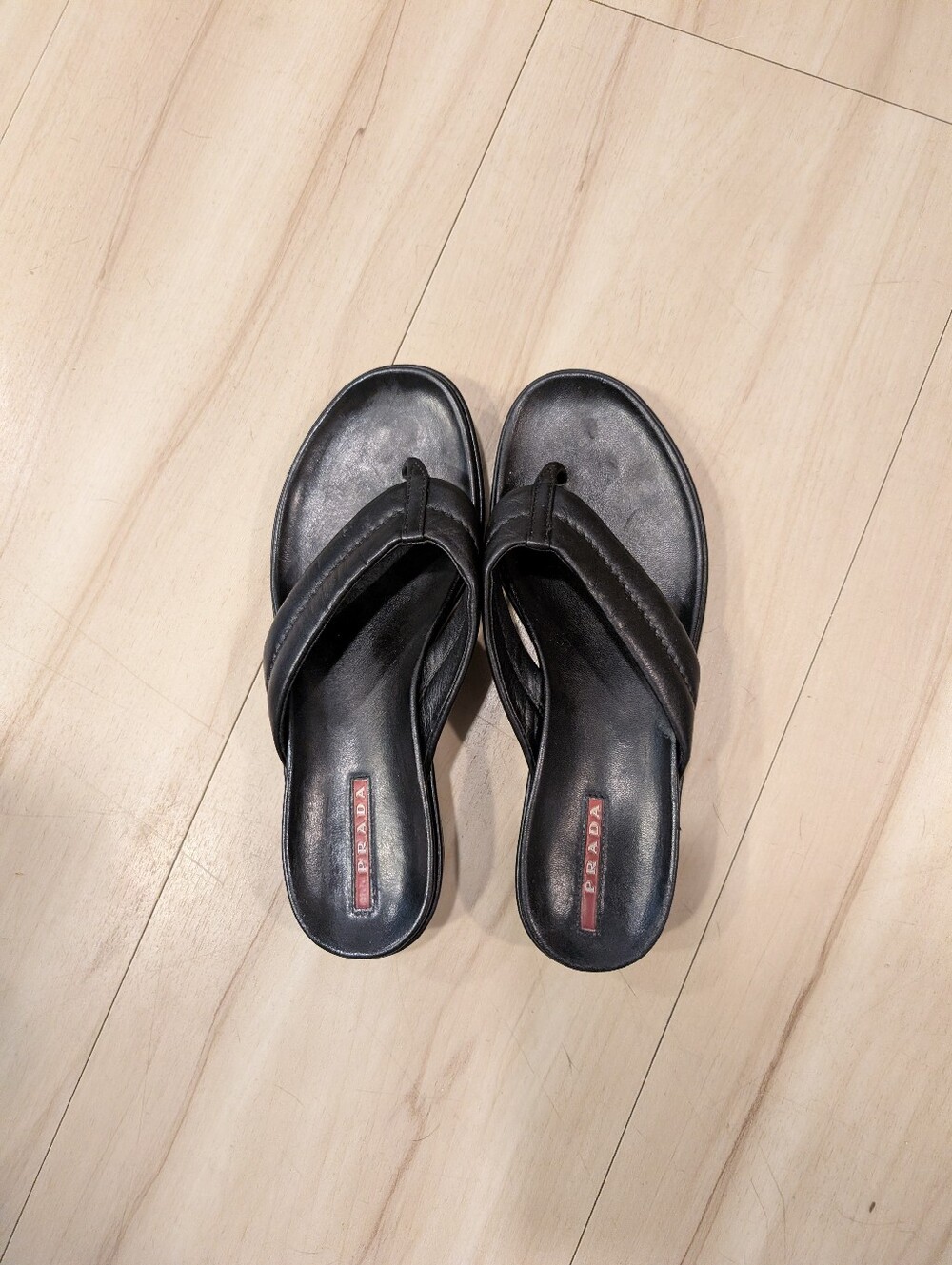 Prada Y2K Vintage Black Leather Thong Wedge Boho Coastal Summer Sandals Size 7 - Picture 2 of 10